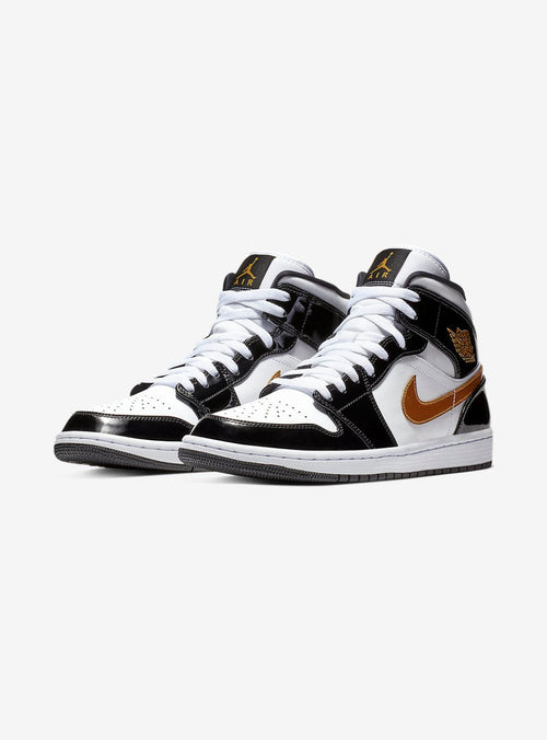Air Jordan 1 Mid Patent Black White Gold