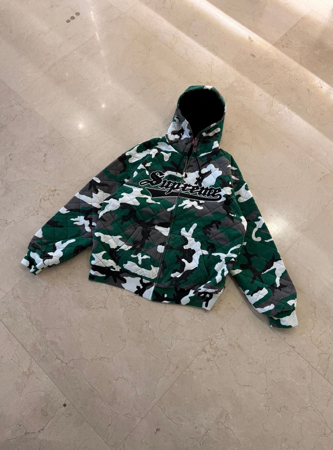 Supreme Quilted Zip Up Hooded Sweatshirt Green Camo